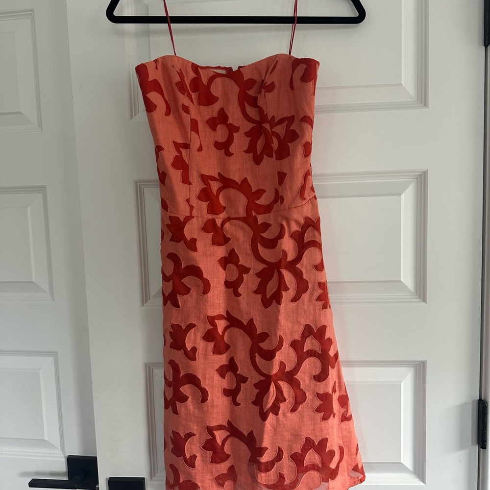 Nicole Miller Red and Pink linen Strapless Dress